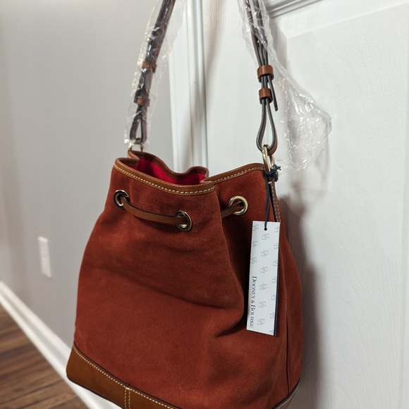Dooney & Bourke Drawstring Bucket Bag Orange Suede Leather - Picture 3 of 8